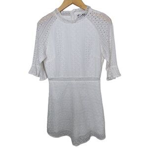 Simplee Women's SZ Small White Eyelet Lace Mini Dress 100% Cotton Short Sleeve